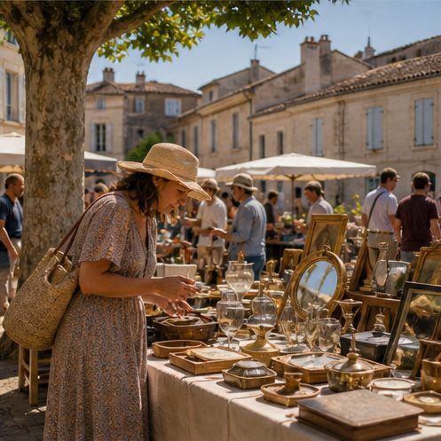 Visiteuse observant des objets anciens sur une brocante