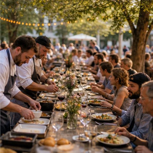 Chefs servant un repas lors d'une grande tablée en plein air