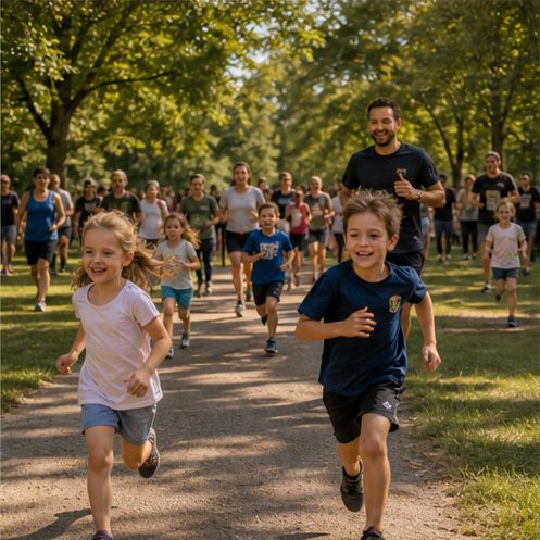 Enfants et adultes courant ensemble dans un parc arboré